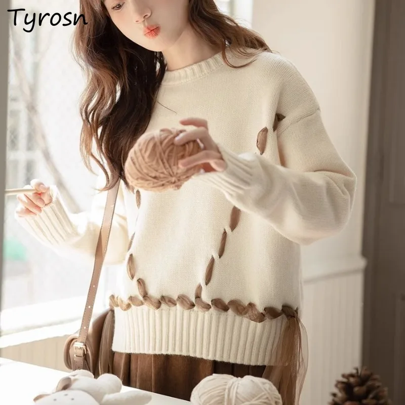 

Пуловеры женские с бантом на шнуровке, женские свободные вязаные топы с длинным рукавом, свитеры с круглым вырезом в Корейском стиле, повседневные милые универсальные весенне-осенние