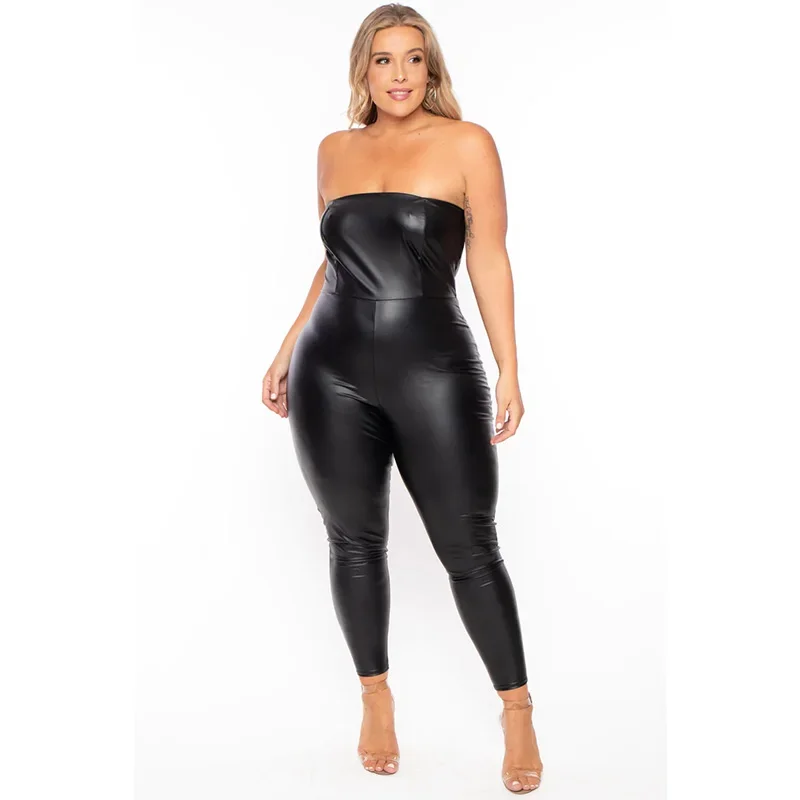 

Sexy Faux Leather Bodycon Jumpsuit Women Sleeveless Tube Top Rompers Plus Size Ladies Halter Pu Overalls Clubwear 6XL 7XL Custom