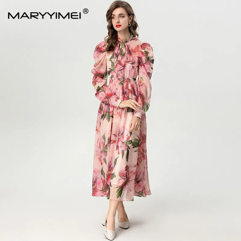 MARYYIMEI Autumn and Winter Women\'s Dress Long Sleeved Single-Breasted Pleated Splicing Print Bohemian Holiday Dresses