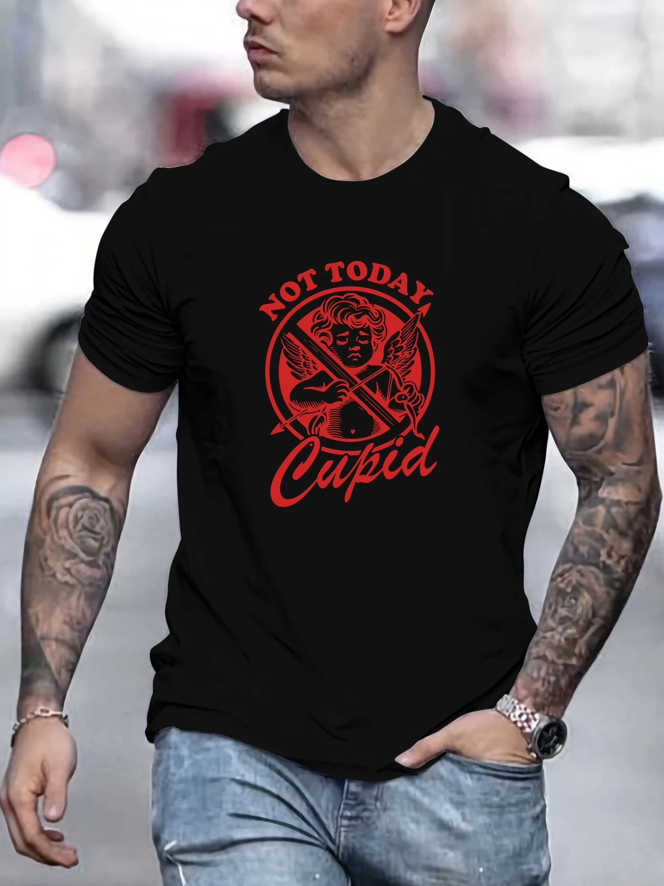 

MEN NOT TODAY Cupid Pattern Summer Casual Crew Neck Short T-Shirt
