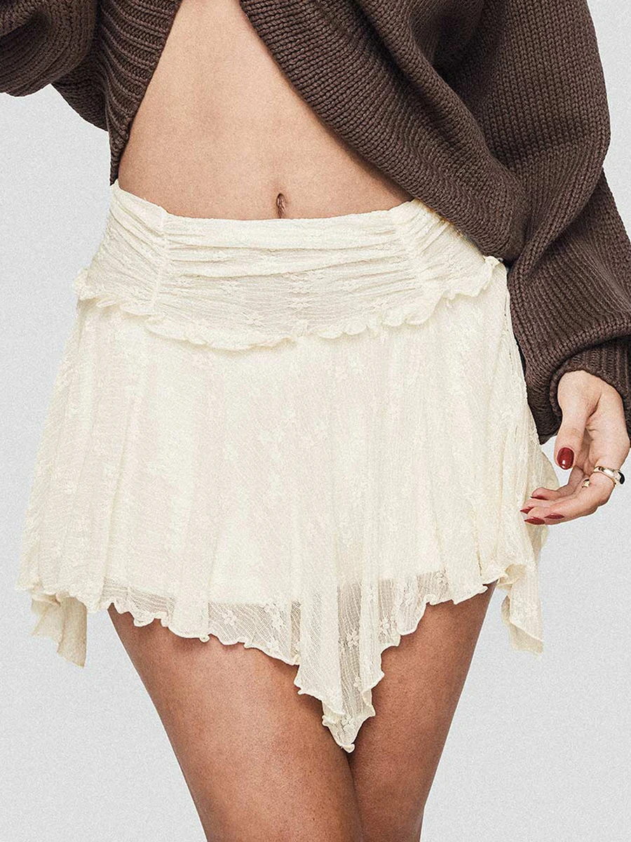 Women's Mini Skirts Summer Lace Ruched High Waist A-line Skirts Spring Summer Irregular Hem Casual Skirts Y2K Grunge 2000s 90s