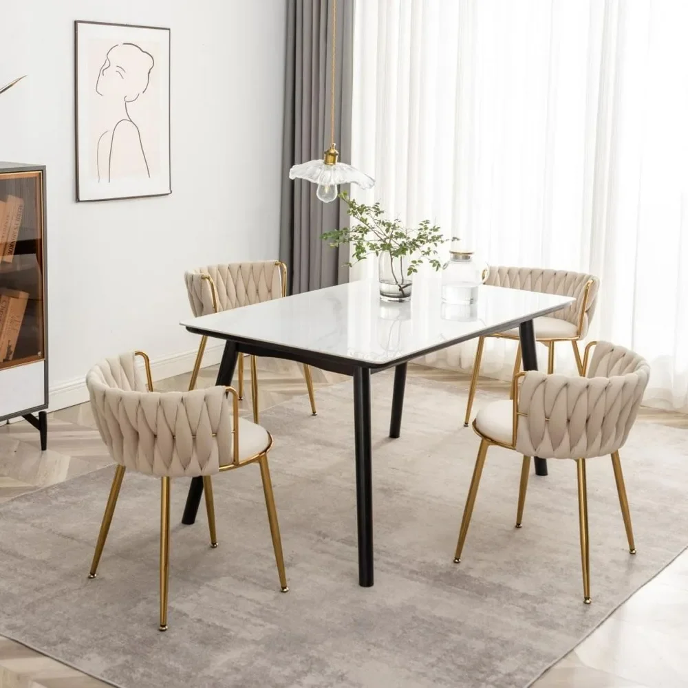 Velvet dining chair 4-piece set, modern woven dining chair, metal legs, gold dining chair (beige)