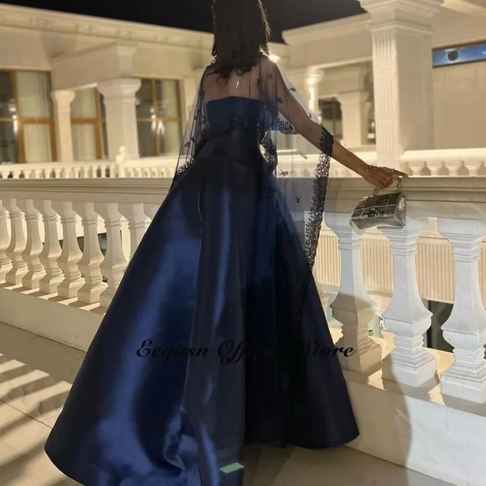 Navy Blue Satin Evening Dress Detachable Shawl Saudi Arabic A-line Long Prom Party Dresses Women Birthday Gowns Customized