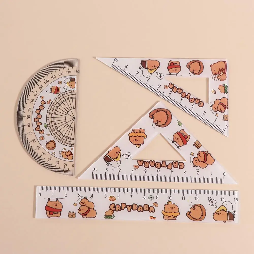 Creative Ruler Four-piece Set Cartoon Stationery Triangle Protractor Set Acrylic Cute Capybara Pattern Ruler Set Office Supplies
