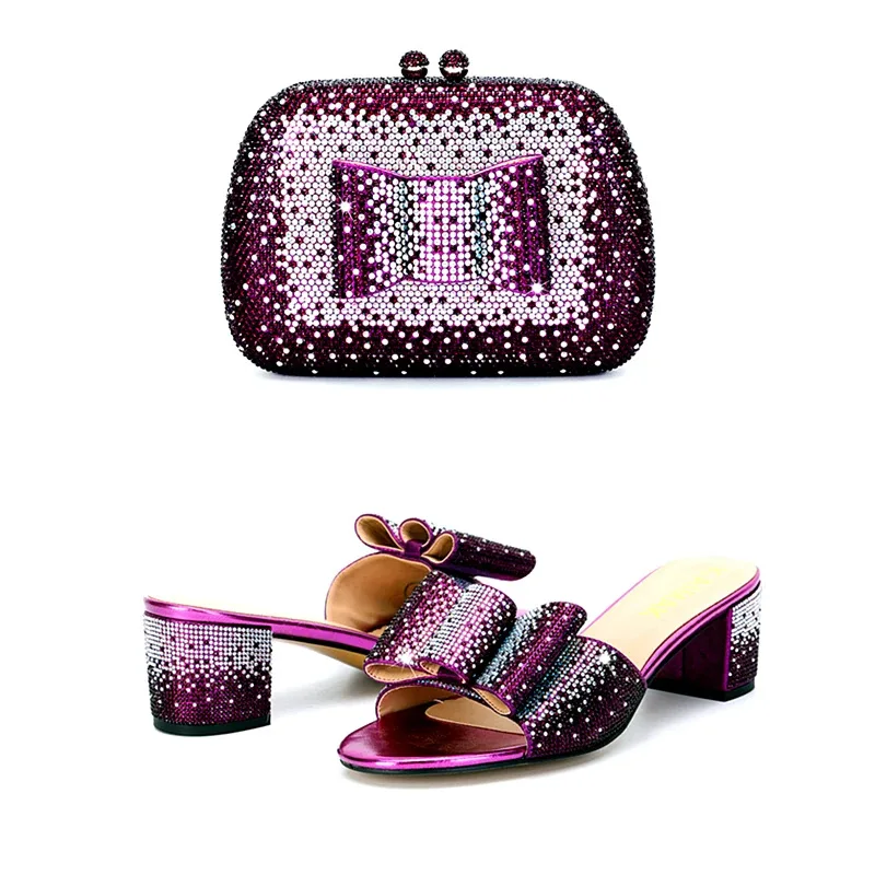 

Ladies Summer Fashion Plus Size Bow High Heels Thick Heel Slippers With Dinner Bag Rhinestone Clutch Trendy Snap Closure Handbag