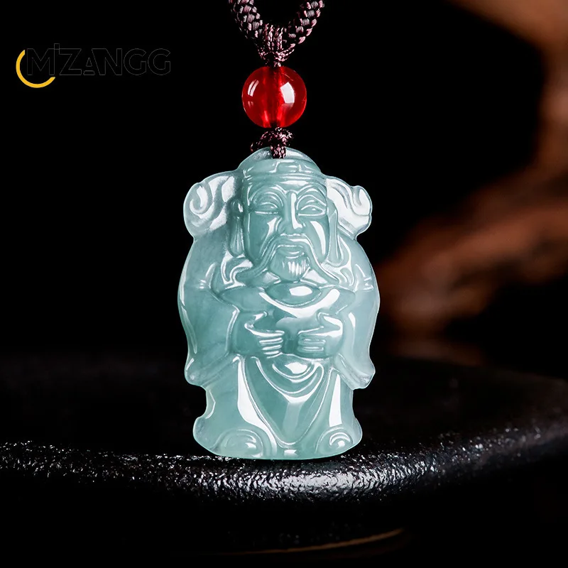 Natural A Goods Jade Blue Water Small God of Wealth Pendant Wealth Ice Fashion Men and Women Necklace Jewelry Lucky Amulet