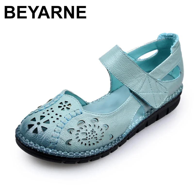 BEYARNE Summer New Soft Bottom Flat Genuine Leather Women Shoes Personality Hollow Women Sandals Retro Handmade Sandals sapato