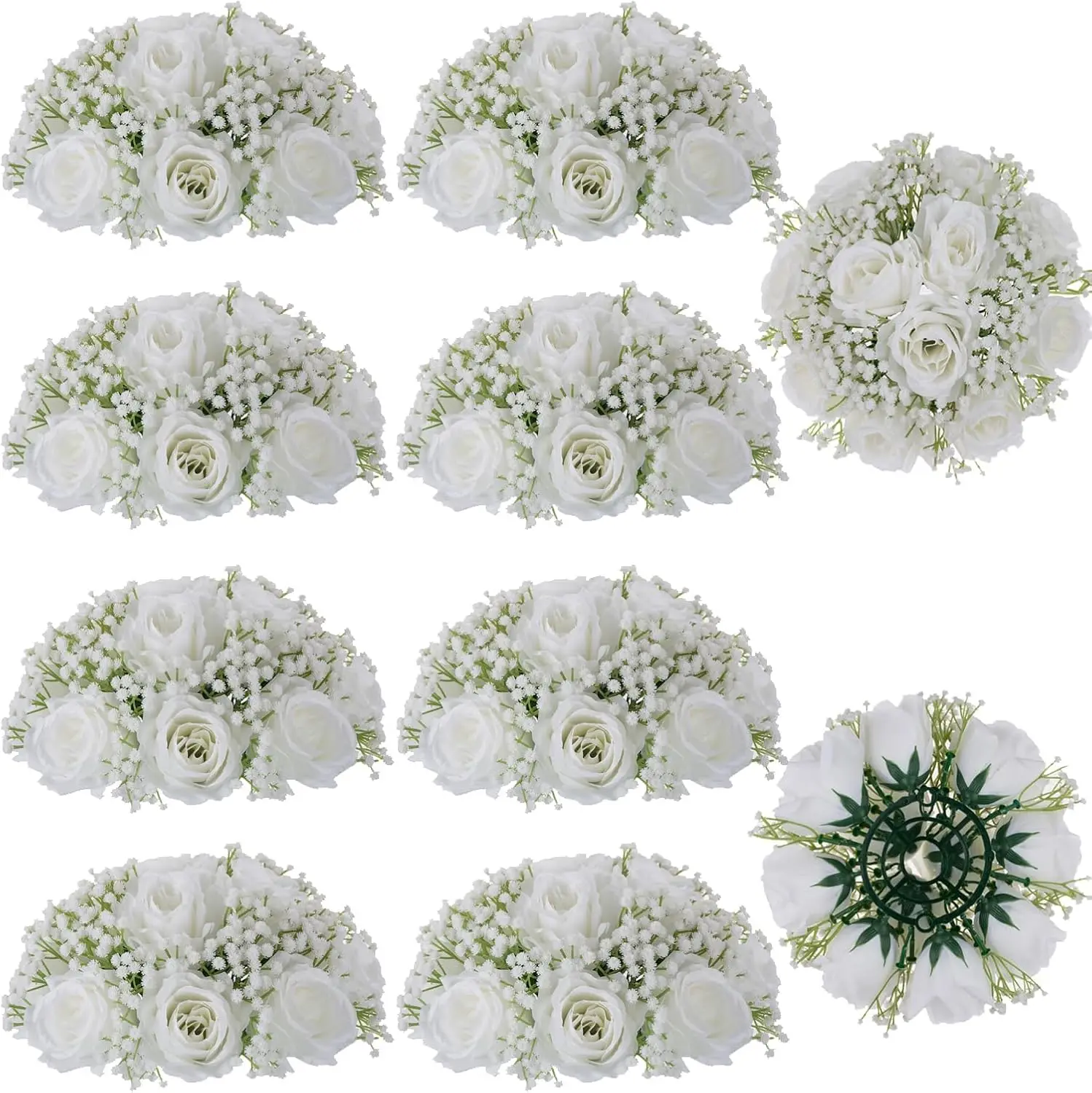 

10 Pcs White Silk Rose Baby's Breath Flower Ball Centerpieces for Wedding Table Decorations