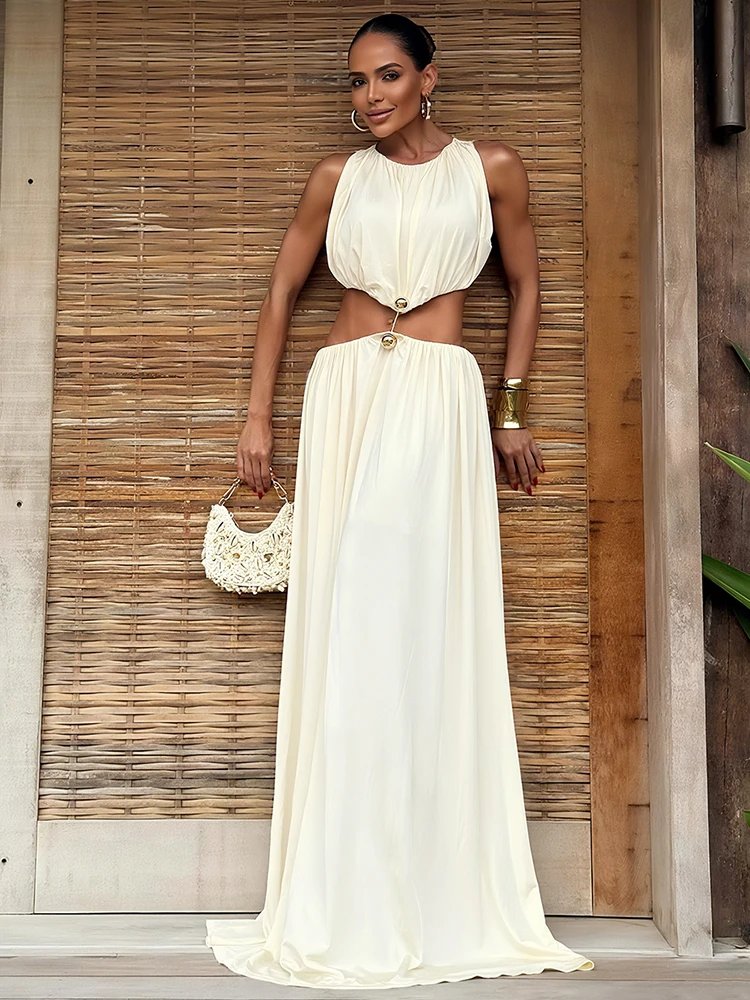 Nibber – robe Maxi sans manches pour femmes, col rond, garniture en métal, slim, élégante, Chic, Hipster, fête de bal, vacances, été