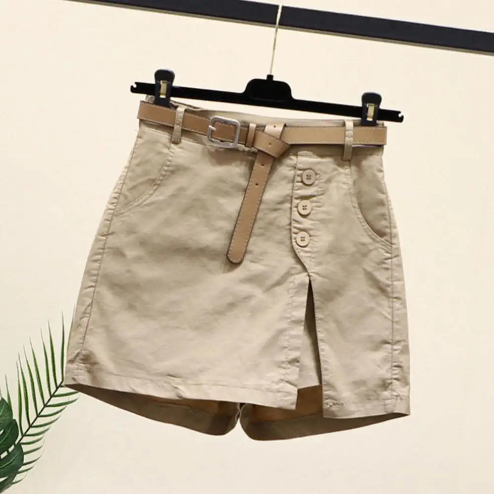 

Women High Waist Shorts Fake Two Piece Shorts High Waist Women's Skirt Shorts Button Decor Side Split Above Knee for Females