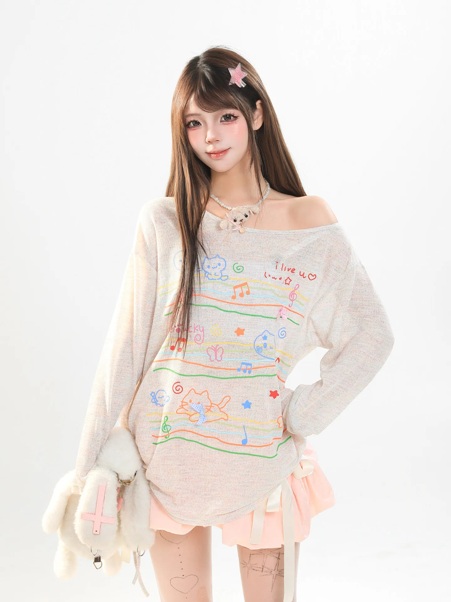 Sweet Girl Animal Print Long Sleeve Loose Women's T-shirt Spring Unique Beautiful Sun Protection Cover up Top Casual Style