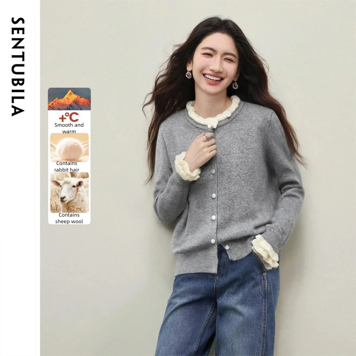 

SENTUBILA Elegant Sweater for Woman Wool Blend Color-blocking Ruffled Edge Knit Cardigan 2025 Winter Woman Clothing W54EB5733
