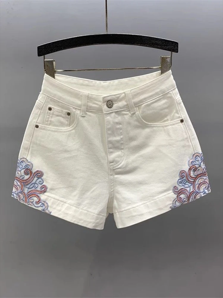 헤비 인더스트리 자수 화이트 카우보이 반바지 여성 여름 신상 하이웨이스트 다용도 슬림 A라인 스트레이트 레그 팬츠