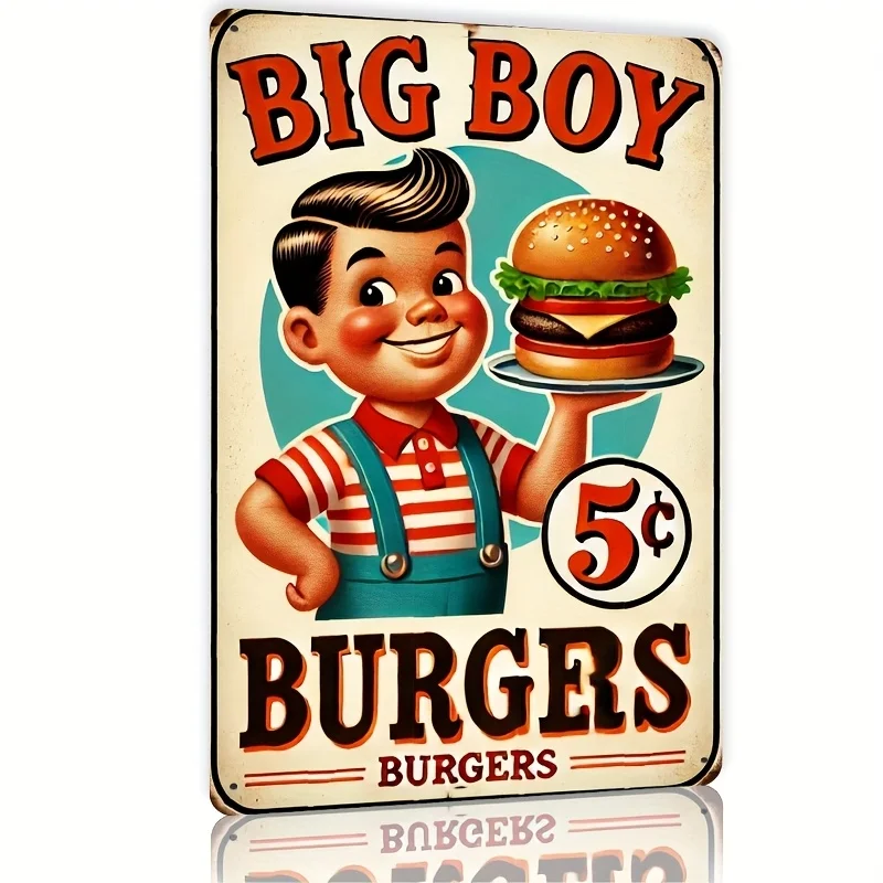 Letrero artístico de pared de metal de estilo retro "Big Boy Burgers", decoración de comedor con ilustración clásica de Burger Boy, fácil de colgar, duradero