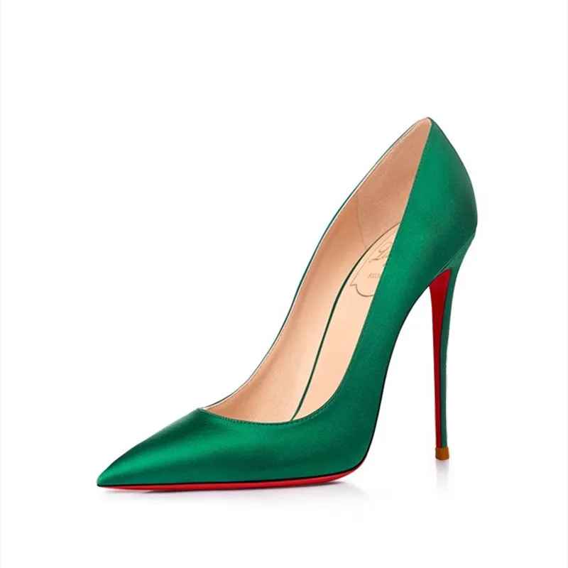 Summer New Red Bottom Shoes Quality Green Silk High Heels Elegant Women Pumps for Wedding Party Dress Autumn Stilettos