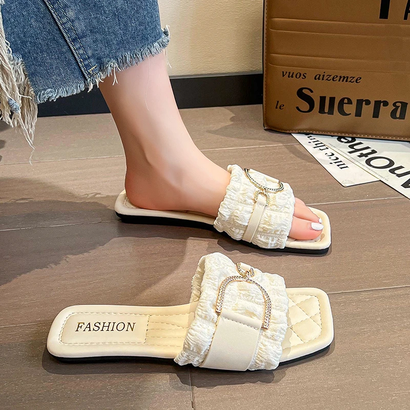 2024 Summer Women Slippers Leather Square Toe Women Flats Flip Flops Designer Ladies Slides Sandals Women Shoes Luxury Sandals