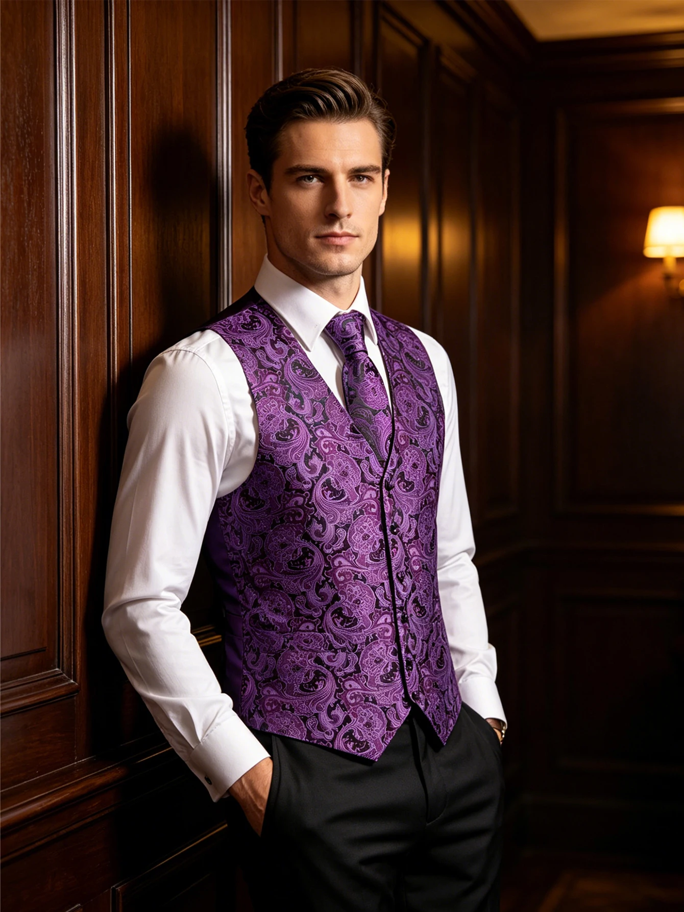 Purple Black Paisley Jacquard Vest Matching Set Tie Pocket Square Cufflinks For Holiday Ball Engagement Ceremony