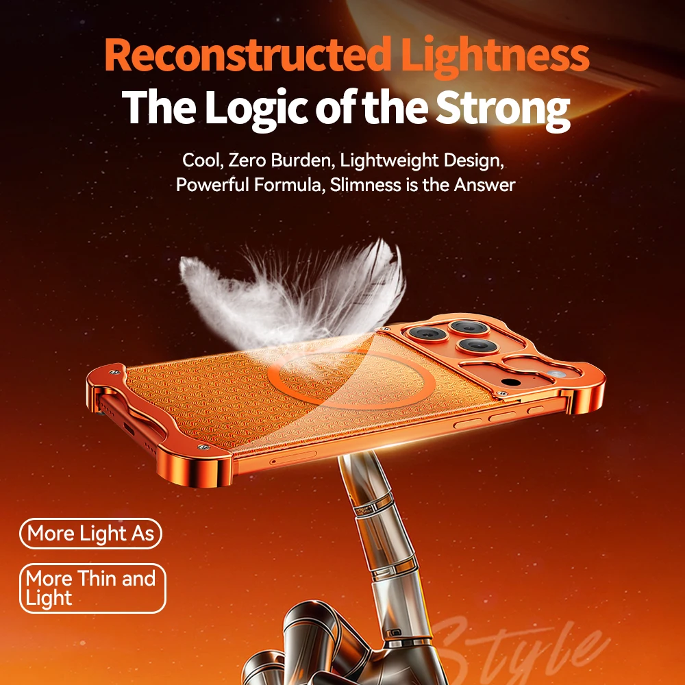 メタルアロイ製 不規則な角 フレームレスケース iPhone 17 Pro Max用 ボーダーレス 磁気 ワイヤレス 光沢のあるプラスチック製背面カバー