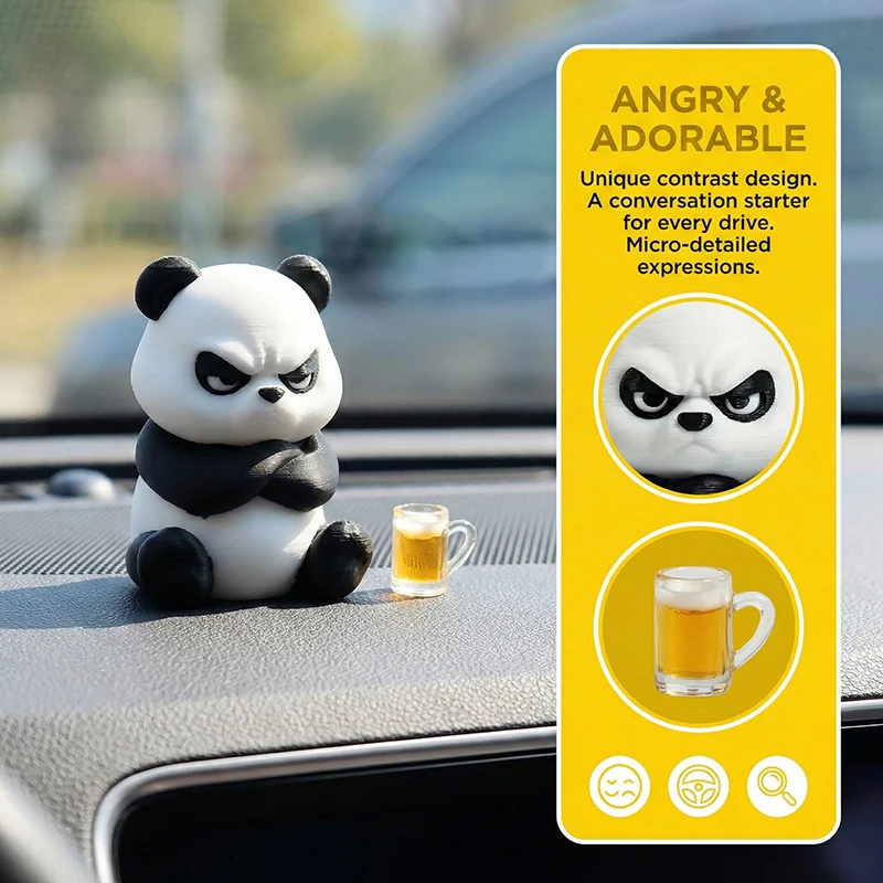 Funny 3D Printed Grumpy Panda Car Dashboard Ornament with Mini Beer Cup for Unique Vehicle Styling Car Interior Decoration