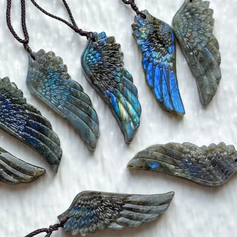 1pc Bohemian style Labradorite Wing pendant, jewelry making, with Adjustable Braided Cord, random Iridescent Color Stone