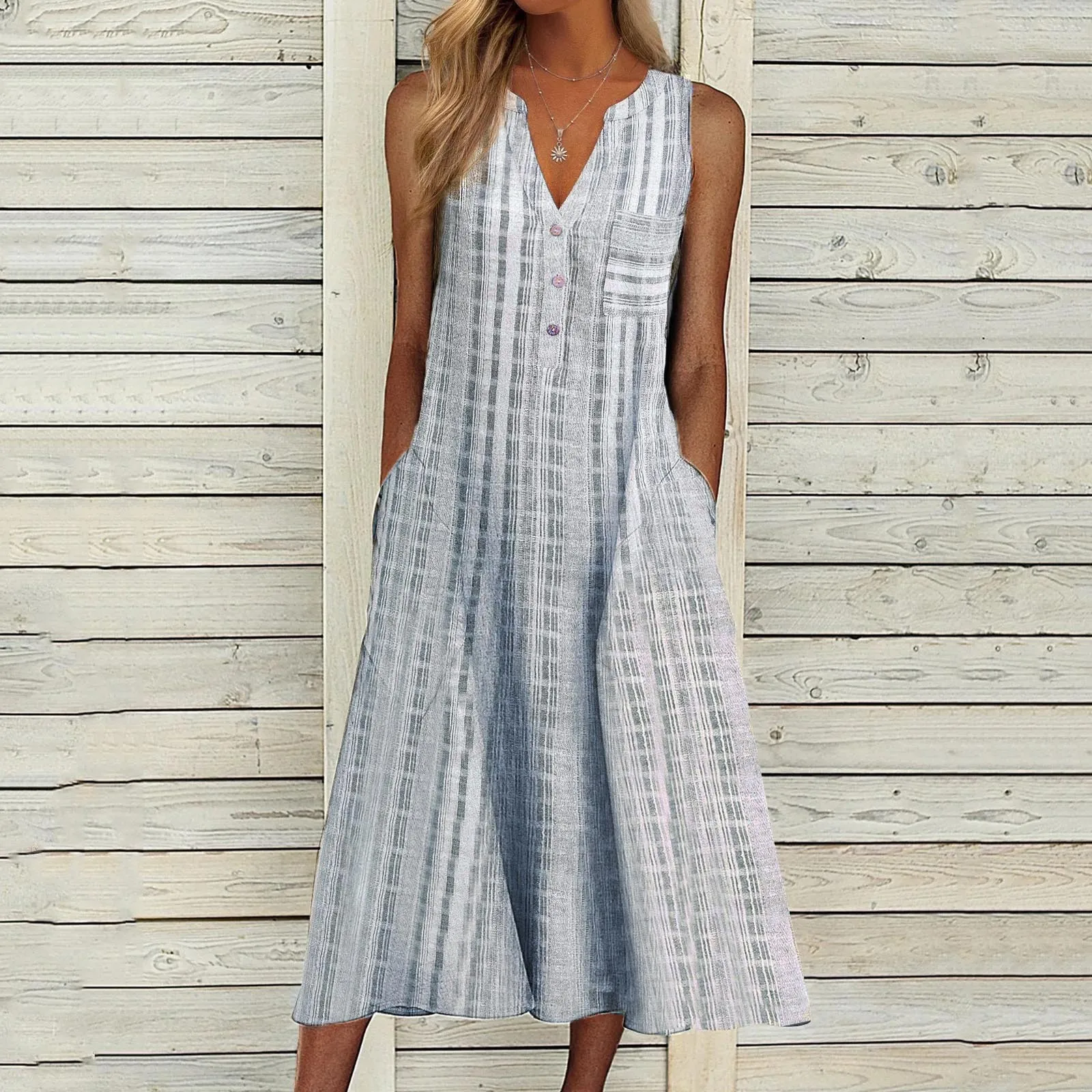 

Women Stripe Print Button Sleeveless Dress V-Neck Pocket Female Mid-Calf Long Dress Fashion Lady Loose Fit Holiday Casual Dress