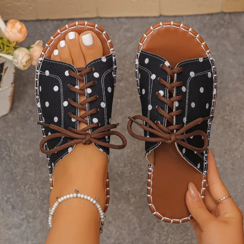 

Summer Luxury Round Toe Lace-up Comfortable Sandals Women's Casual Lightweight Beach Slippers Fashionable Outdoor Shopping Flats