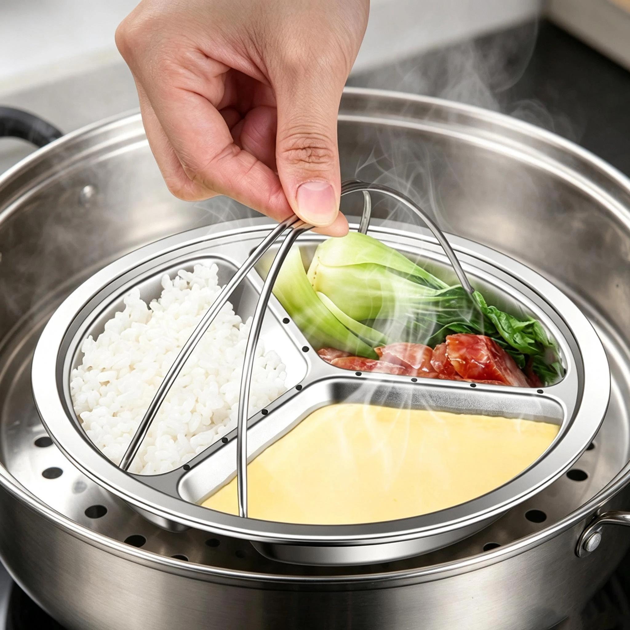 304 Stainless Steel Three Grid Steaming Tray with Handle Multifunctional Split Type Steaming Basket Household Kitchen Accessory