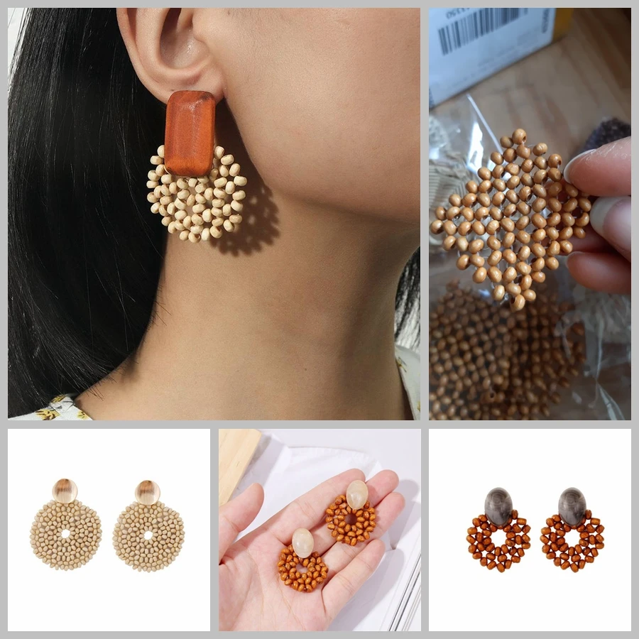 New Design Vintage Boho Geometric Wood Bead Weaving Earring Accessories Irregular Shape Drop Pendants For Jewelry Making DIY