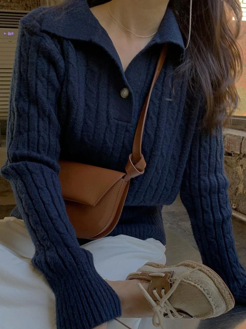 Chic Lazy Style  Neck Loose Knitted Sweater Warmth Heat Pure Color Straight Tube Long Sleeve Autumn Winter Knitted Sweater