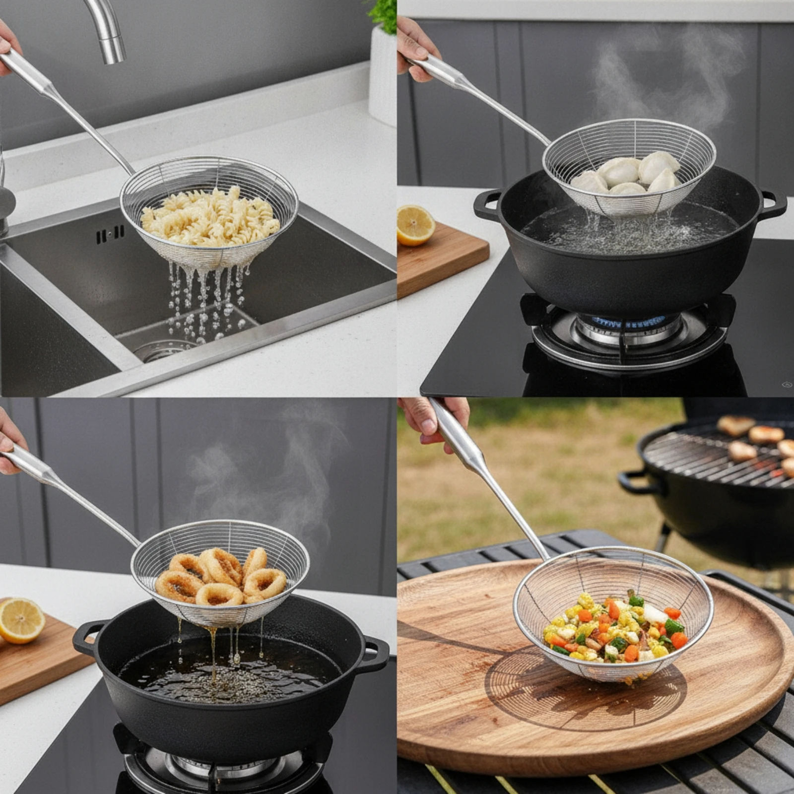 Strainer Strainer Stainless Steel Wire Mesh Strainer Fryer Scoop Heavy Duty Colander Rust Proof for Home Cooks, Boiling