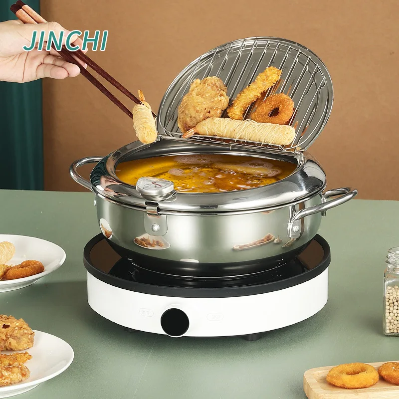 

Japanese Deep Frying Pot with Thermometer and Lid 304 Stainless Steel Uncoated Kitchen Tempura Fryer Pan Kitchen Accessories