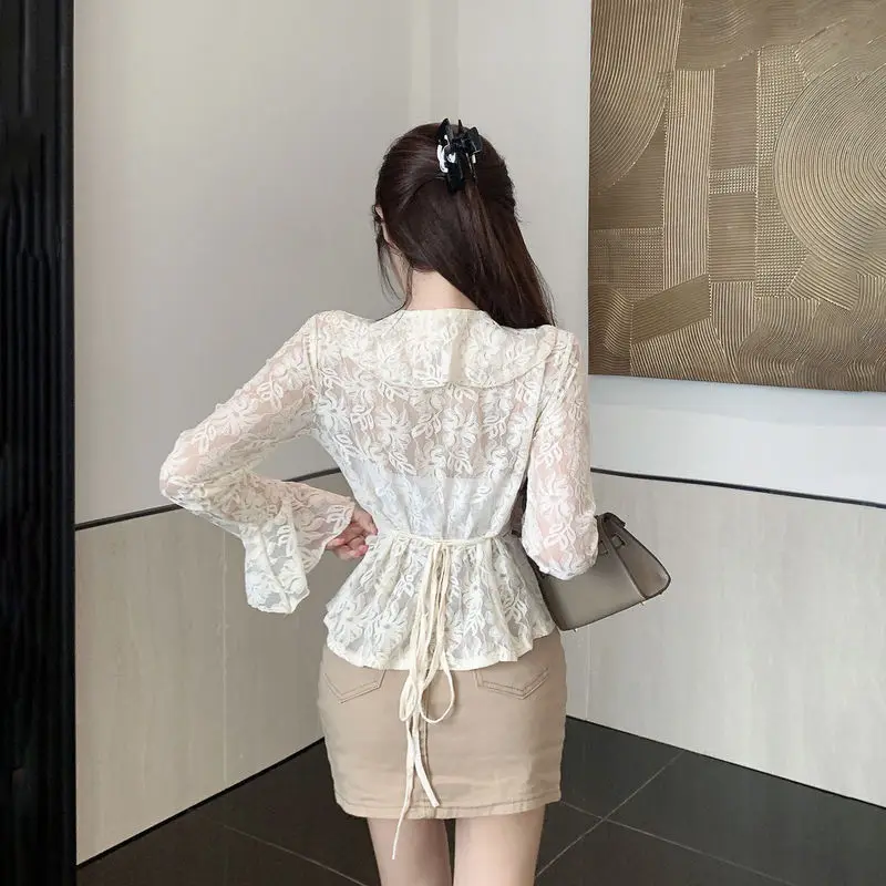 Spring Summer New Pleated Lace Patchwork Tops Tees Long Sleeve Thin Solid Hollow Out Slim Shirts Sexy Fashion Women Clothing