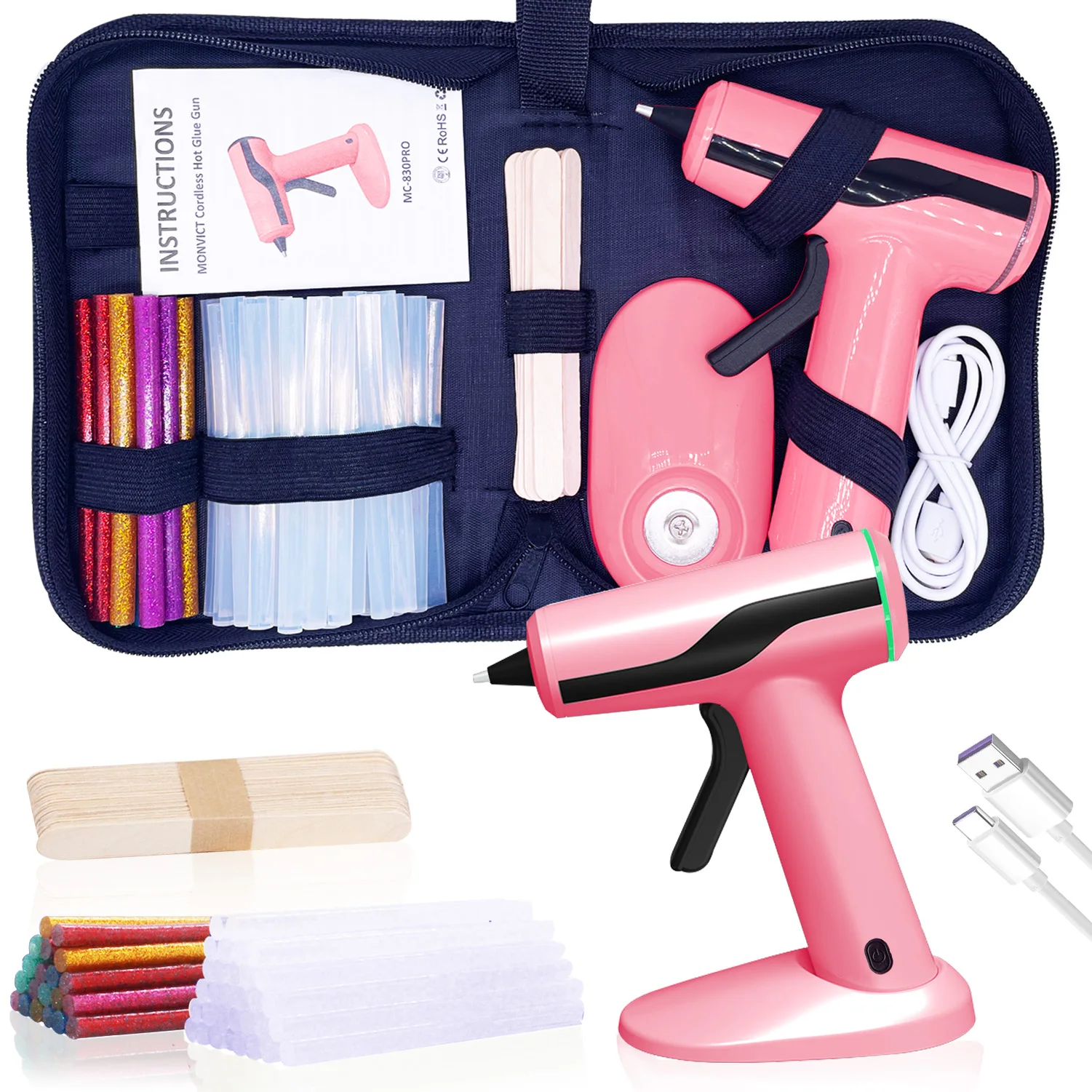 Kit de pistola de pegamento caliente inalámbrica, rosa, recargable, apagado inteligente, barras de pegamento Premium, estuche de transporte de palos