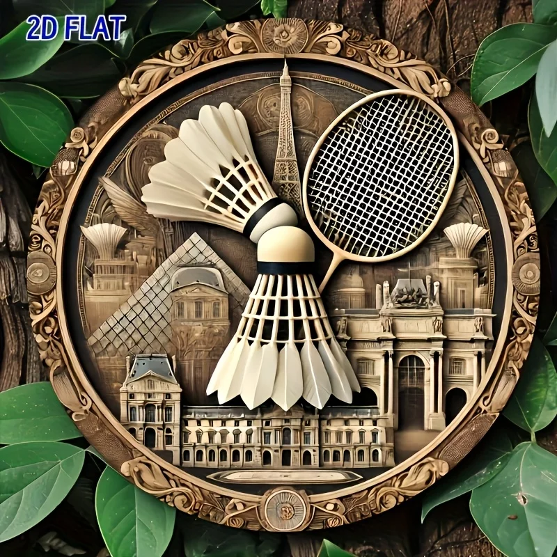 2D Flat Badminton Vintage Trophy Metal Wall Sign, Iron Plaque with Shuttlecock & Racket, Pre-drilled for Tool-Free Easy Mounting