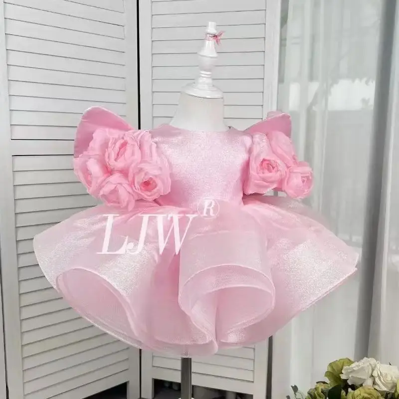 

Платье-пачка принцессы с большим бантом для маленьких девочек, наряд для свадебной церемонии с цветочным узором для девочек, розовое платье с пышными рукавами, праздничное платье на день рождения для одного года