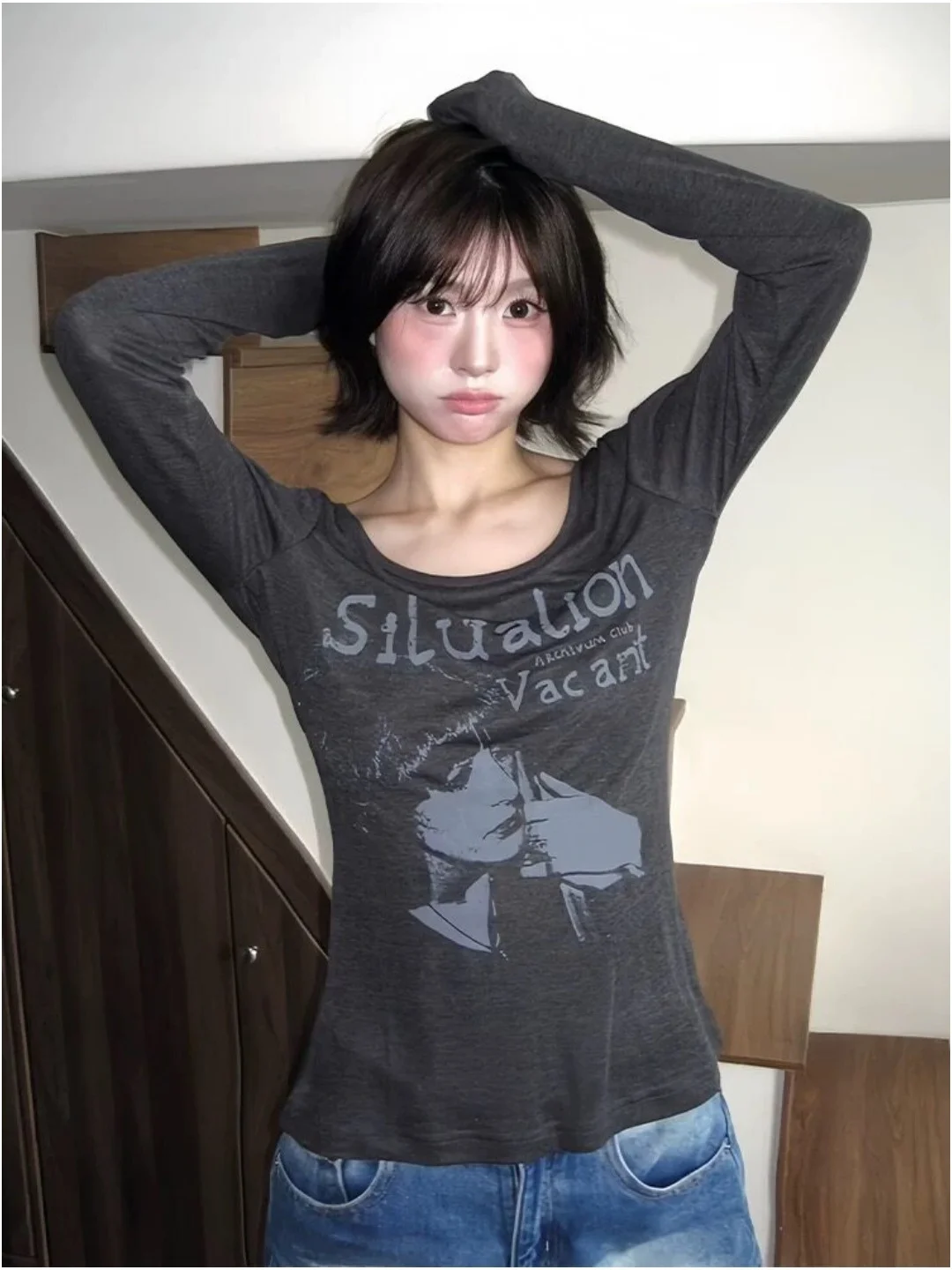 Grey Thin Long Sleeve Rock Portrait Print T-Shirt Women Early Spring New Style American Hot Girl Slimming Sexy Top