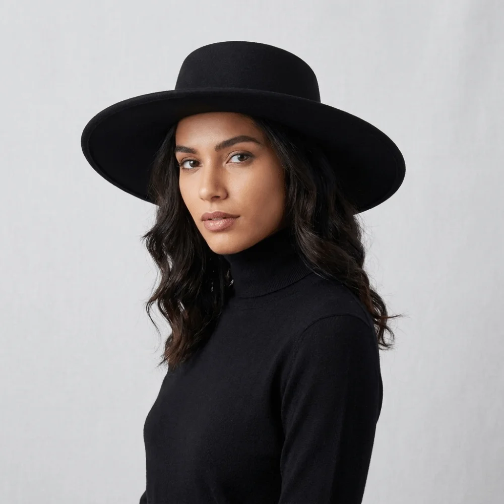 Fashion Solid Color Hepburn Style Bucket Hat British Style Woolen Wide Brim Felt Hat Fedora Hat Flat Top Women Jazz Hat Dinner
