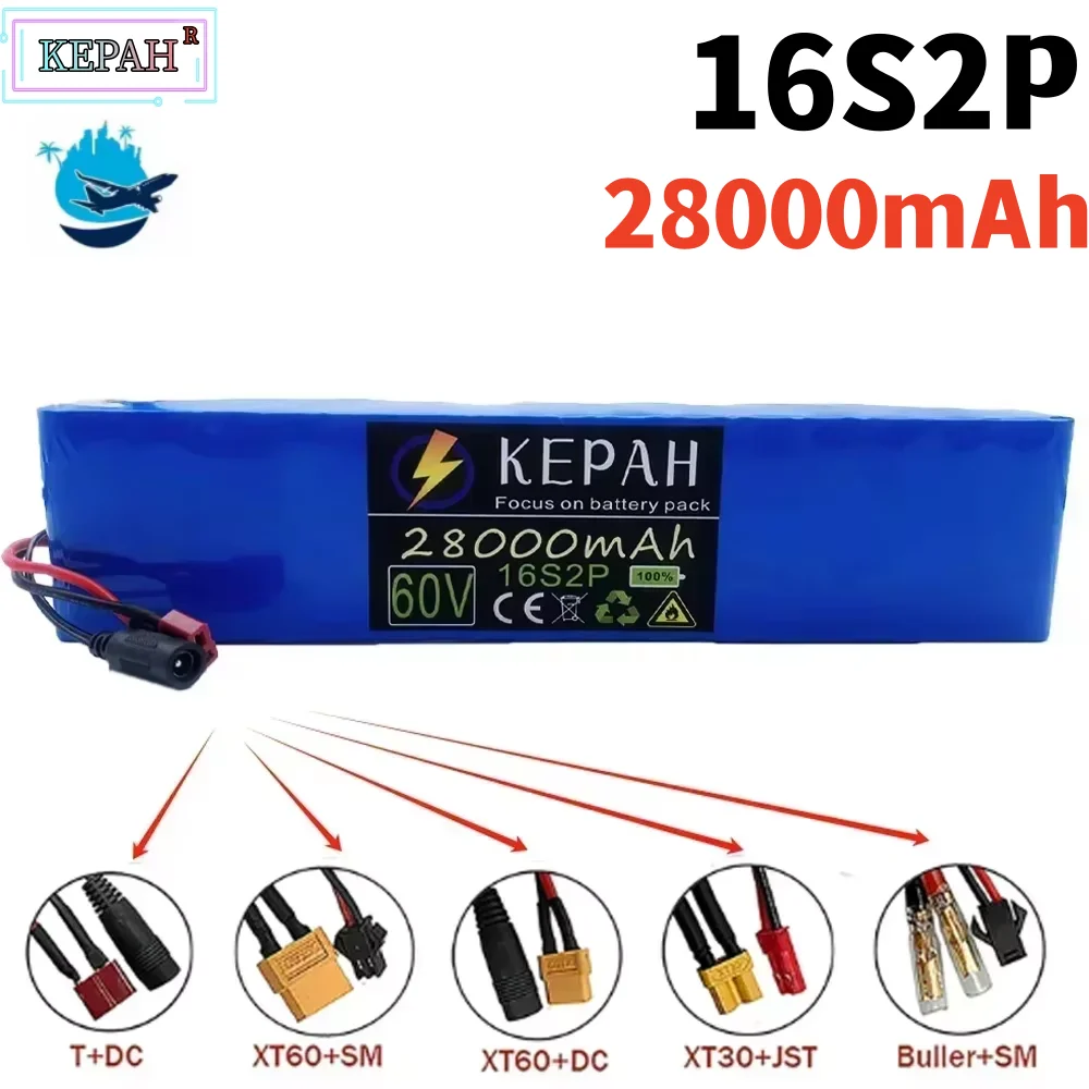 16S2P 60V 28AH 18650 lithium battery pack with large capacity, suitable for electric scooters, mountain bikes, and BMS batteries