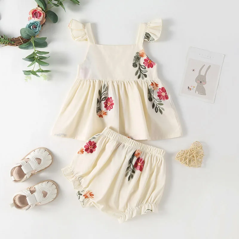 2026 Summer Infant Girls Floral Puff Sleeve Bodysuit Toddler Tee And Shorts 2PCS Sets ﻿Children\'s Outfit Embroidered Baby Sets