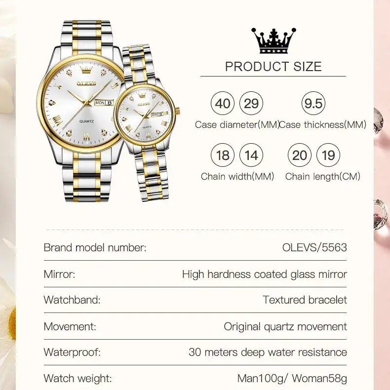 OLEVS Classic Business Quartz Watch for Men Women Digital Dial Week Date Stainless Steel Luminous Love\'s Wristwatch Set Gift