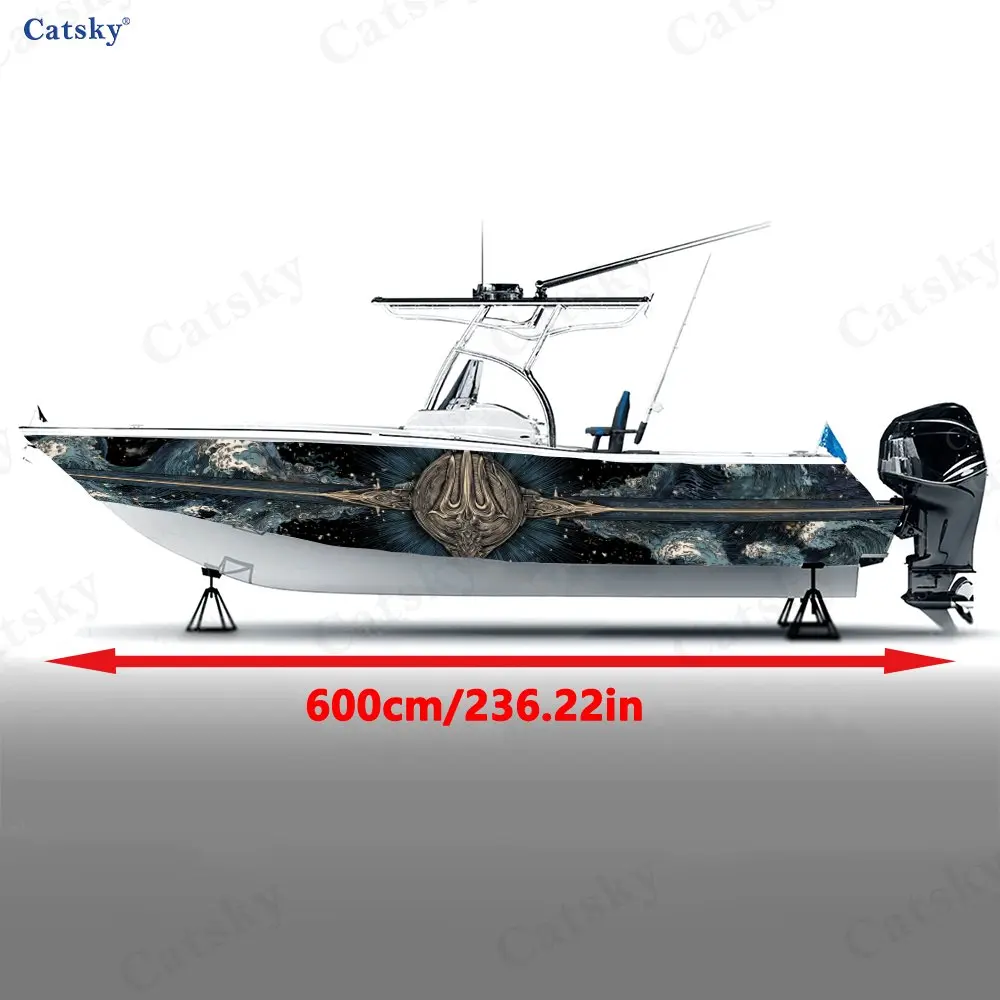 Black Gold Wave Surge Compass Boat Stickers, PVC Waterproof Vinyl Wrap Decals for Fishing Boats, Durable and Stylish Design