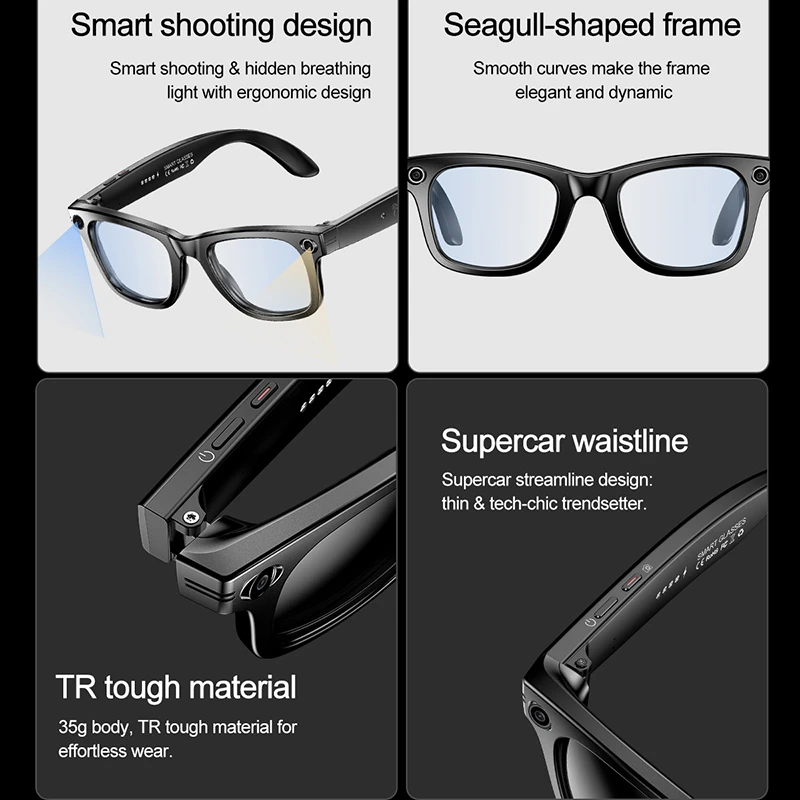 LIGE New 100W Camera Glasses Bluetooth Smart Glasses with Camera Voice Call Music Smart Sunglasses Video Sound Record AI Glasses