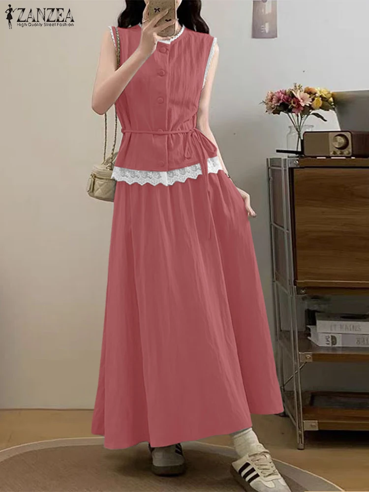 

2025 ZANZEA Elegant Women Dress Sets Sleeveless Lace Tops and Elastic Waist Long Skirts Summer Casual 2pcs Korean Matching Sets