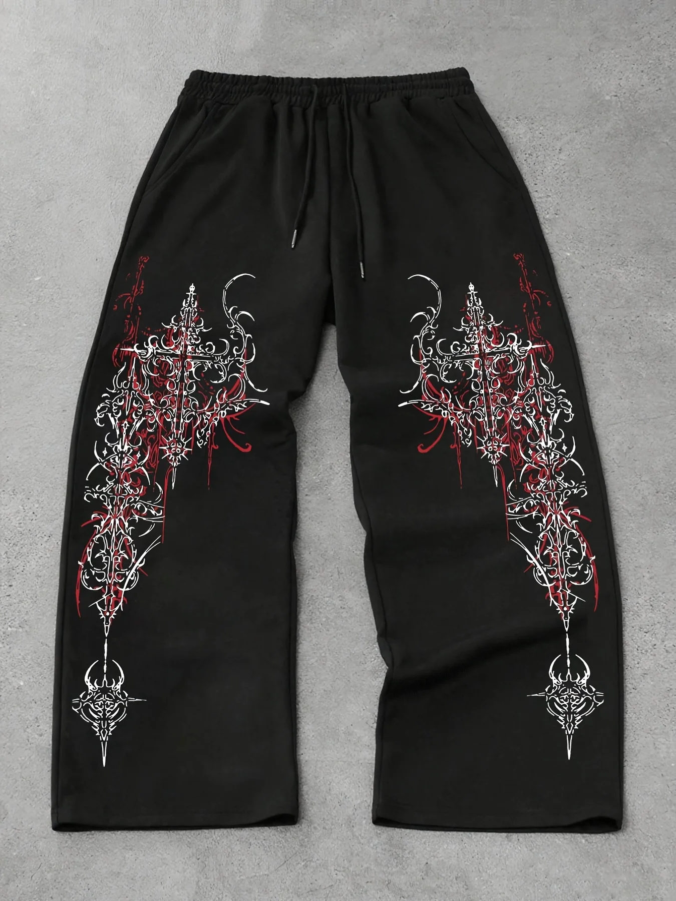 Heiß begehrte Unisex-Jogginghose mit abstraktem rotem Dornenmuster, gerader Schnitt, Y2K-Gothic-Street-Style, lässige Sport-Langhose – Detail 4