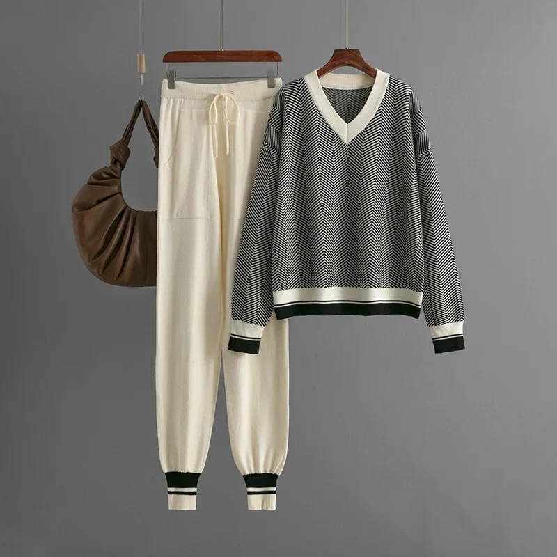 Casual striped knit pullover+Lace up Haren pants 2-piece set autumn winter Women's Sets New V-Neck pocket long sleeve loose Suit