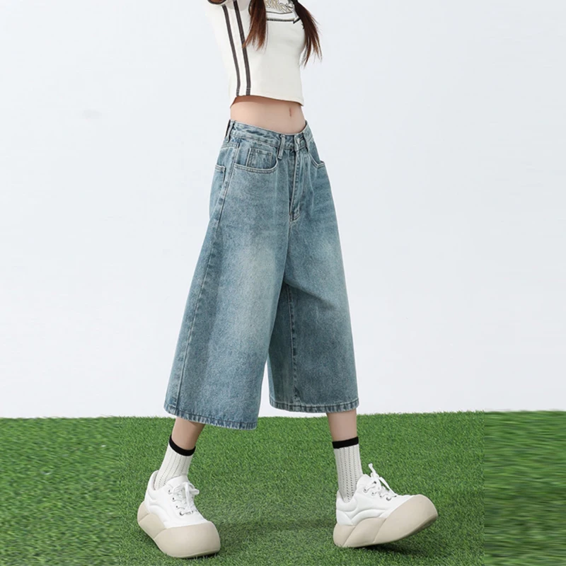 

Women's Summer Vintage Simple Casual Denim Capri Pants Female Streetwear Y2K High Waist Loose Straight Wide Leg Jeans Pantalones