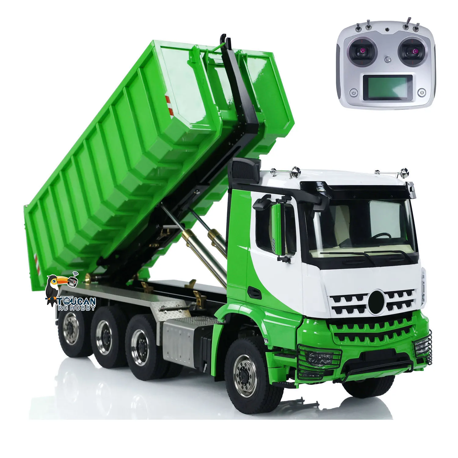 In Stock 8x8 1/14 Hydraulic RC Full Dump Truck Green Metal Roll On Tipper Car Model Sound Light System Remote Control Toy Model