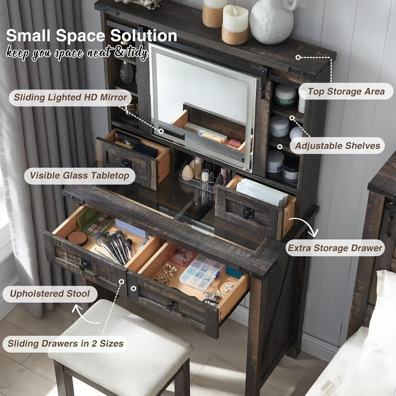 Bureau de courtoisie de maquillage de ferme avec miroir coulissant et lumières, 31.2 en verre, vanité britannique, table en spanTable avec égouts de proximité