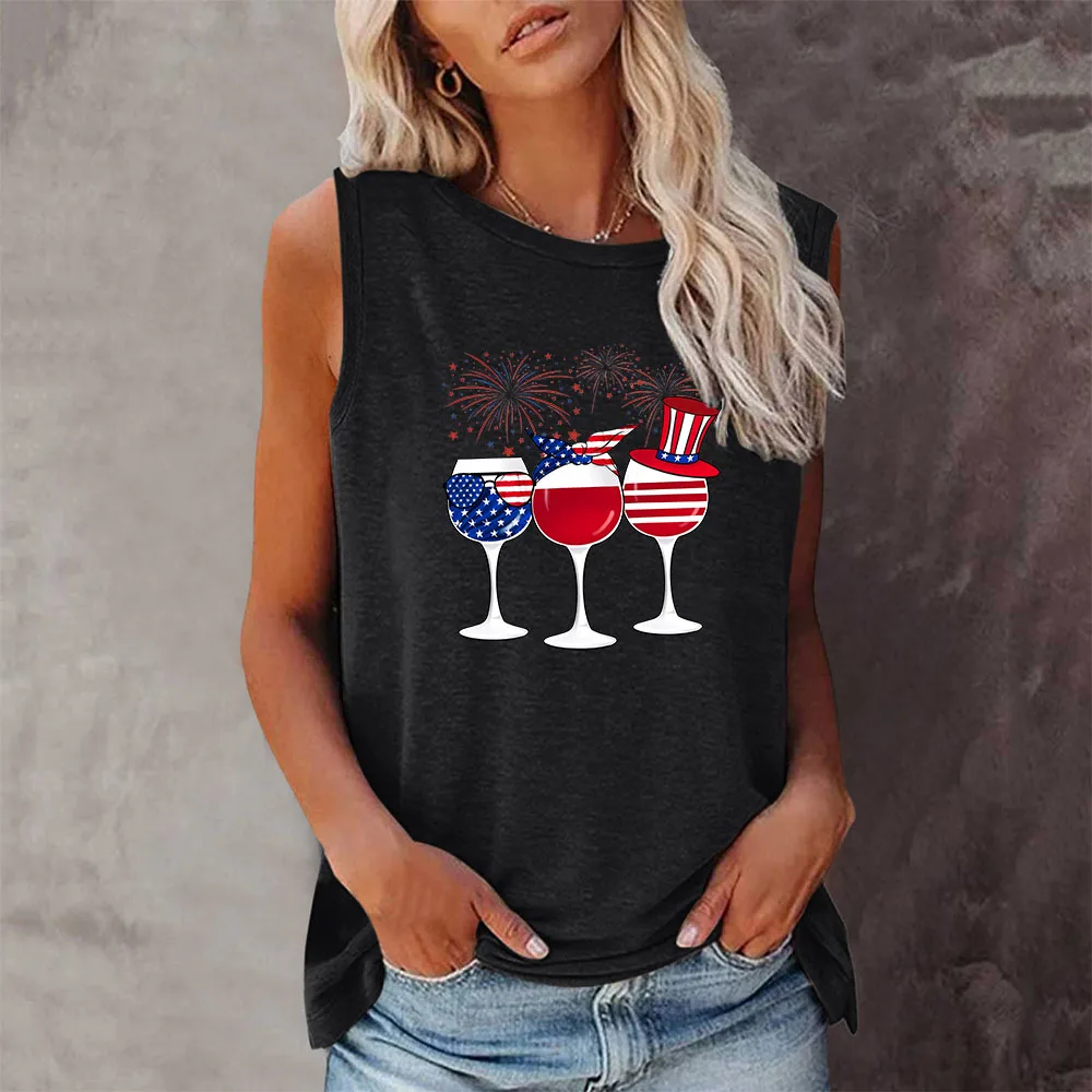 

Seeyoushy American Flag Element Celebrate Wine Glass Print T-shirt Summer Casual Loose Women's Sleeveless T-shirt Crewneck Top