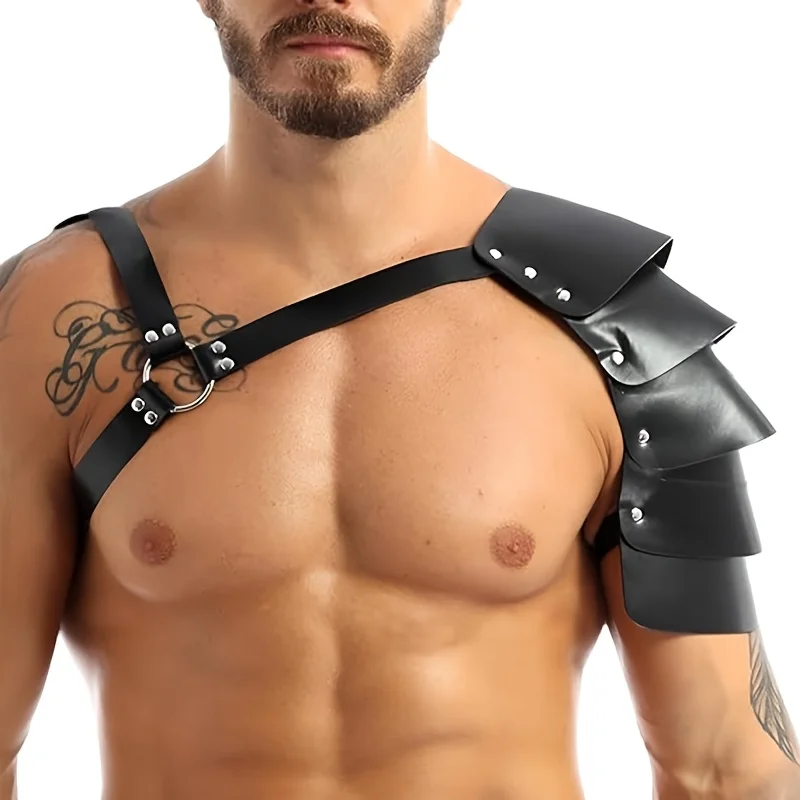 

Men Medieval PU Leather Shoulder Armor & Arm Guards, Halloween Cosplay Knight Body Chest Harness Adjustable Viking Shoulder Pad
